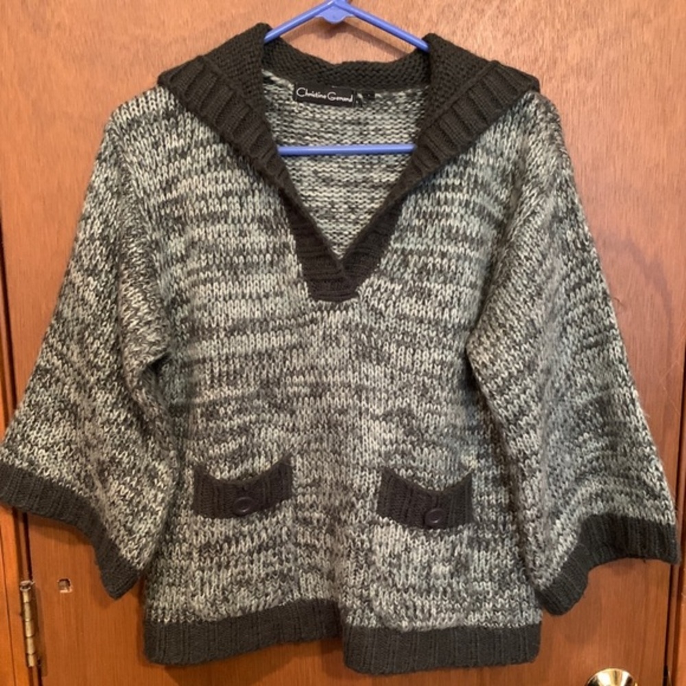 Christine Gerard 3/4 Sleeve 100% Acrylic Sweater Grays Hooded Cropped Pockets‎ L